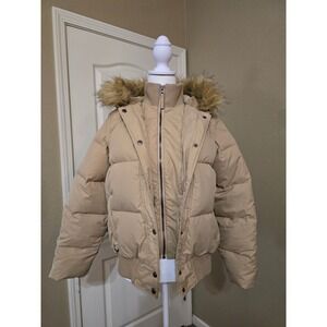 Convertible Puffer Jacket & Vest Faux Fur Hood Tan‎ Quilted Bomber Style Size M